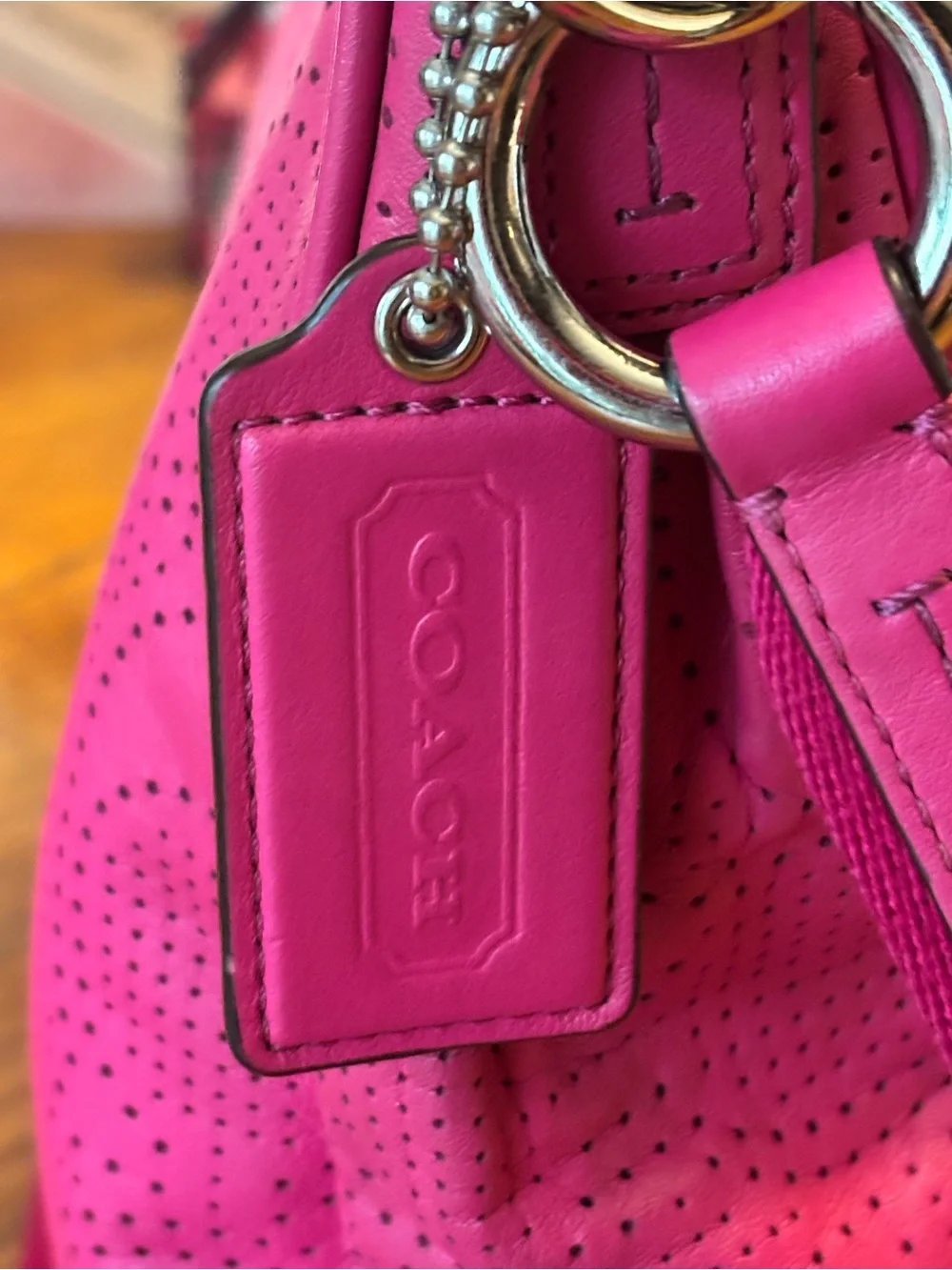 Coach F23241 Pink Perforated Leather Convertible Hobo Crossbody Bag